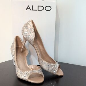 Aldo Nude Sparkle Glittering Rhinestone Open toe 3" Heels Size 37